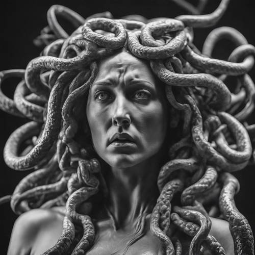Gambar arang monokromatik Medusa di saat konfrontasi yang menegangkan.