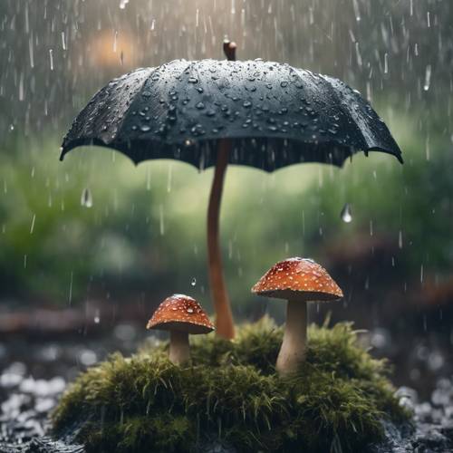 Payung jamur lucu berdiri tegak di tengah hujan yang indah dan menenangkan.