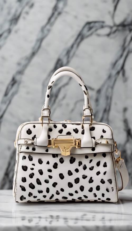 Luxurious white leopard print handbag on a marble table, paired with matching sunglasses. Tapet [f452d5e8d92c4146847b]