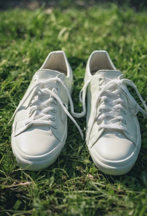 一双白色运动鞋随意地躺在一片绿草地上。