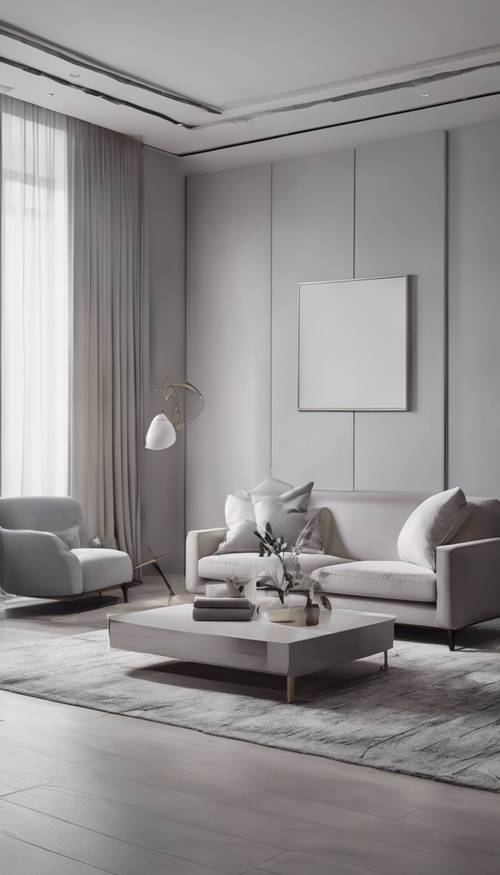 Una grande stanza decorata in un&#39;estetica moderna e minimalista con pareti grigio chiaro, mobili eleganti e luci soffuse.