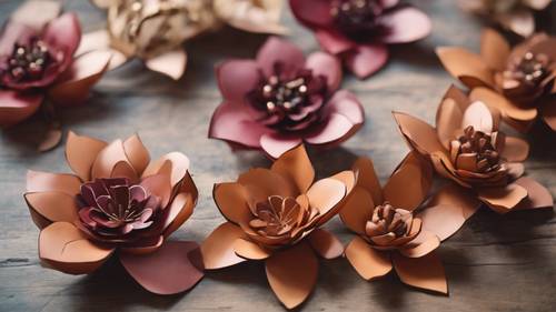 A cluster of delicate, handcrafted leather flowers arranged in a festive setting.