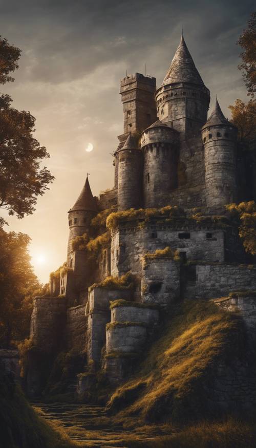 Un castillo misterioso y laberíntico con altos muros de piedra gris, bañado por la dorada luz de la luna.