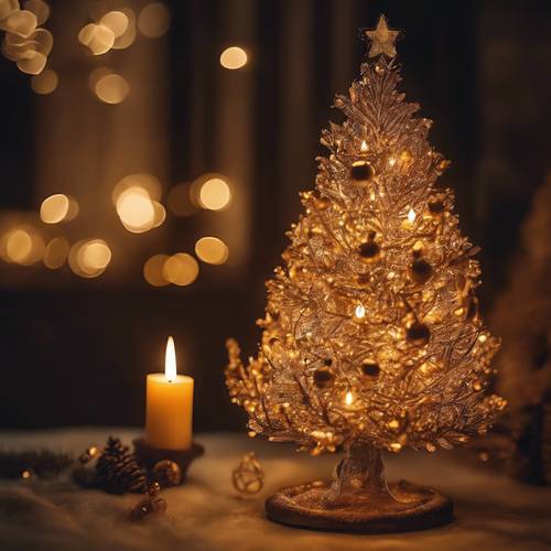 Un antiguo y angelical árbol de Navidad de mesa iluminado con velas que proyecta un brillo cálido y dorado en una habitación poco iluminada.