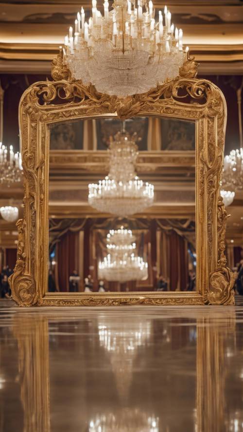 An ornately carved mirror reflecting a grand banquet in a royal hall.