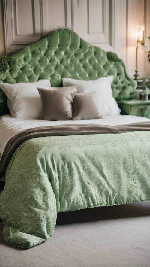 A soft green damask comforter on a four-poster bed in an upscale country cottage.