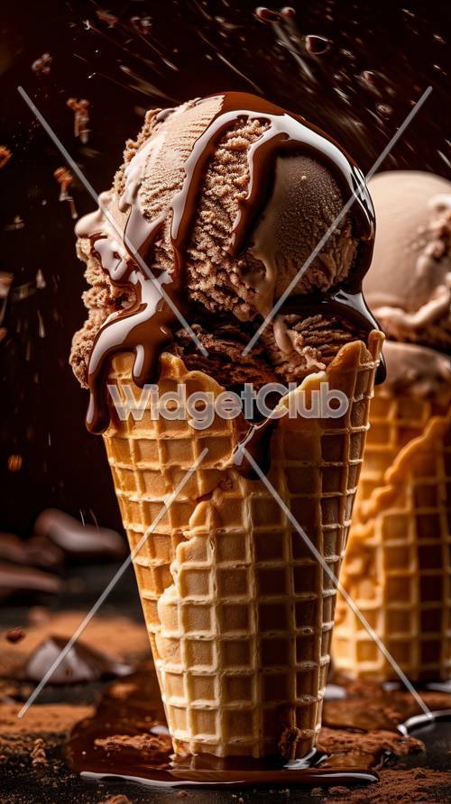 巧克力冰淇淋在甜筒中融化