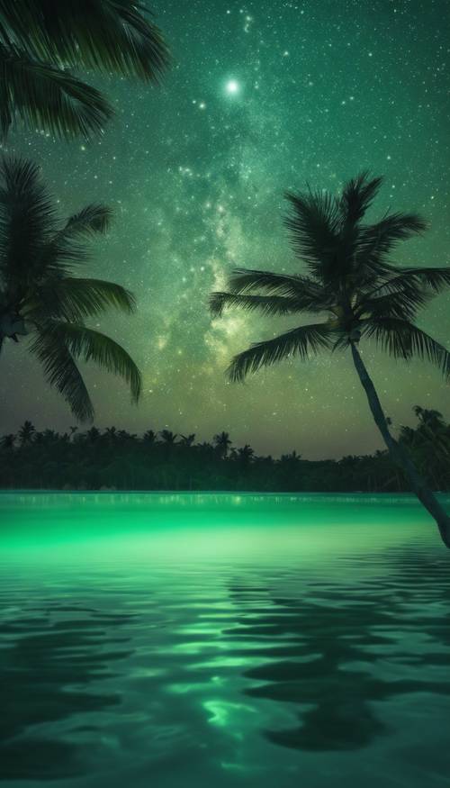 Une douce luminescence verte dansant dans le ciel nocturne clair au-dessus d’un lagon tropical serein.
