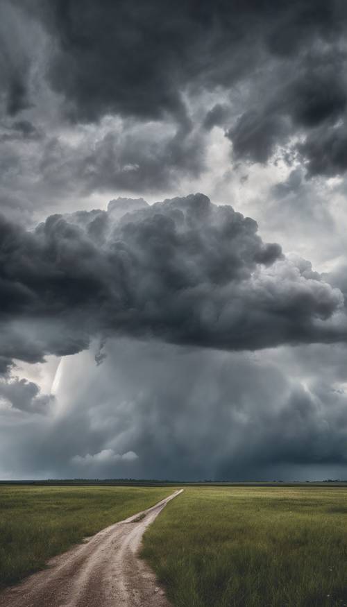 Vista panoramica di una pianura grigia con nuvole temporalesche che incombono in alto.