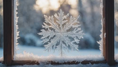 Uma vidraça coberta de geada com uma cena de neve desfocada ao fundo.