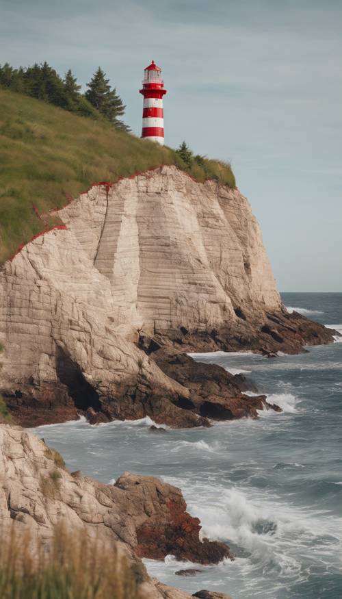 A lighthouse with red and white stripes on a gentle cliff by the afternoon sea. Обои [5212205db56849ea9514]
