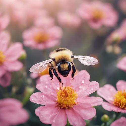 可爱的 Q 型蜜蜂，有着圆圆的身体和夸张的闪亮眼睛，轻轻地停在一朵粉红色的花朵上。 墙纸 [539a3422297d49ca9ea9]