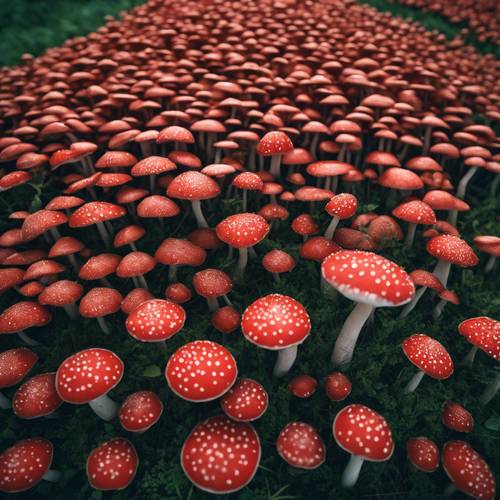 从空中俯瞰一片红色蘑菇田，与绿色植物形成鲜明对比。