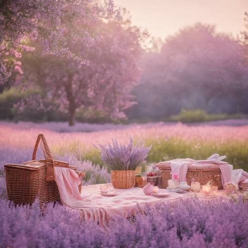 A romantic picnic setup amidst an enchanting field of light pink lavender flowers.