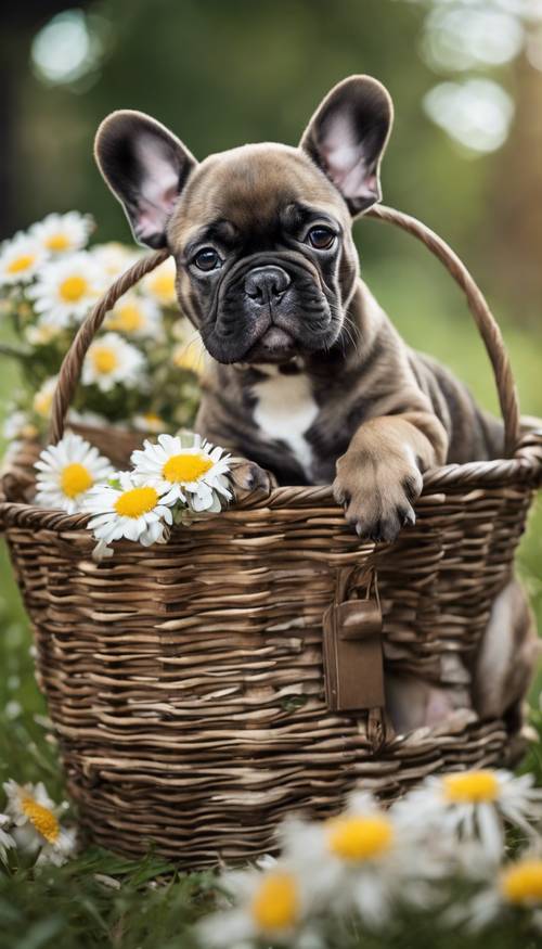 Một chú chó bulldog Pháp với những vệt vện đặc biệt nằm trong một chiếc giỏ đựng đầy hoa cúc.