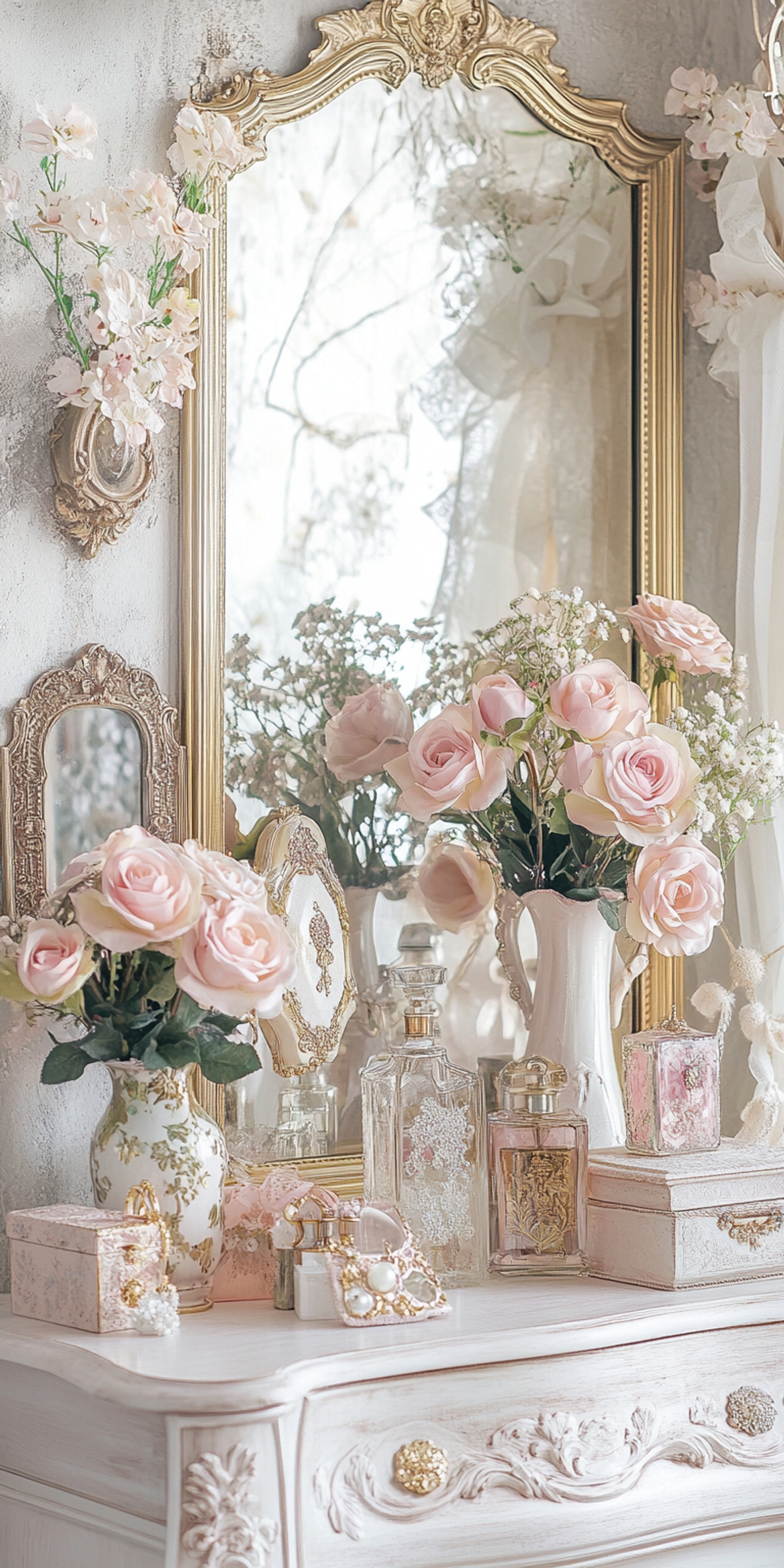 Elegant Pink Roses on a Vintage Dresser Papel de parede[e1e1227f3e5745b4909c]