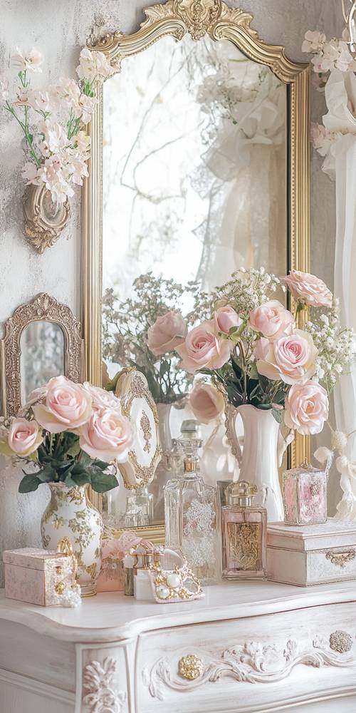 Elegant Pink Roses on a Vintage Dresser