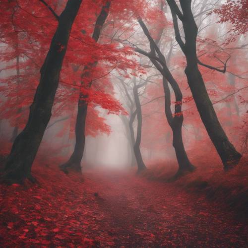 A path covered in red fallen leaves in a foggy autumn forest.