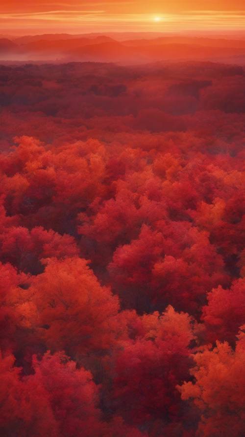 Abstrakcyjny, jednolity wzór z pięknym połączeniem żywej czerwieni i pomarańczy, przypominający ognisty jesienny zachód słońca.
