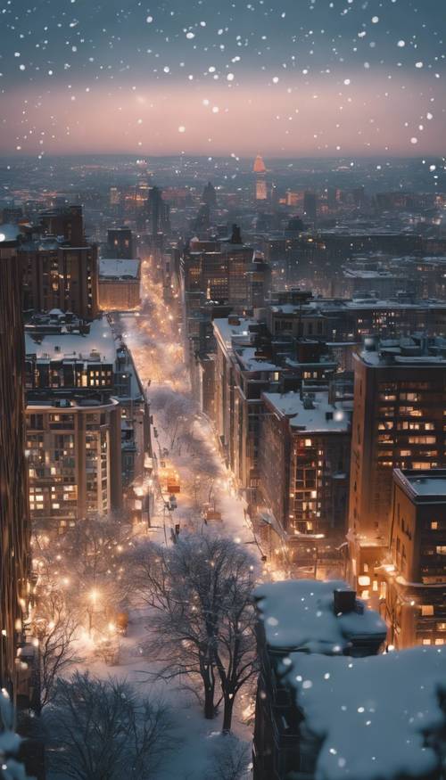 Uma paisagem urbana coberta de neve durante uma noite gelada de inverno, com as janelas iluminadas de edifícios imponentes lançando um brilho quente nas ruas frias abaixo.