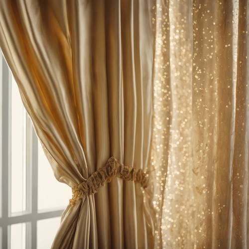 Gold silk curtains gracefully fluttering in a light summer breeze. Tapeta [d153243bd7694f529dc5]