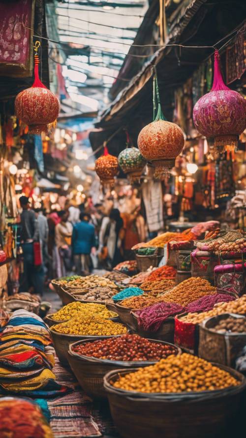 A vibrant, happy city bazaar teeming with life, exotic foods, and colorful textiles.