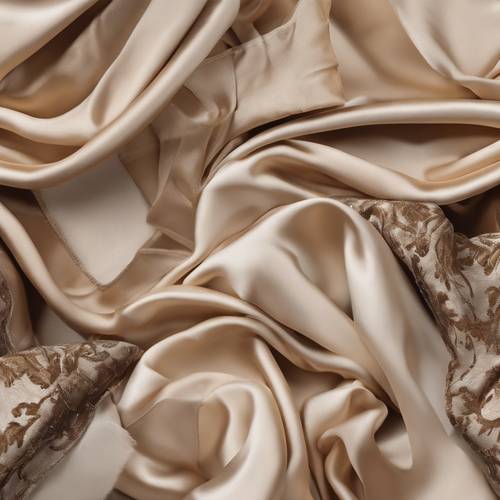 Elegant collage of different shades of beige colored silk and velvet textiles.