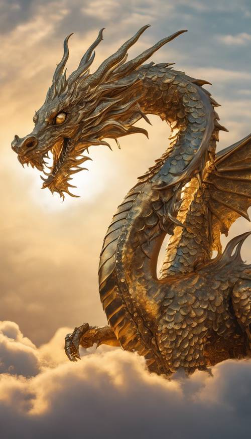 Um dragão dourado com textura de metal martelado, voando através de um céu coberto de nuvens ao pôr do sol. Papel de parede [ed9668adb05444168df4]