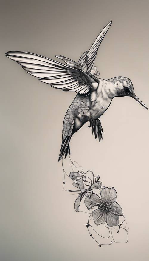 A minimalist tattoo design: a small black line hummingbird on a pale skin.