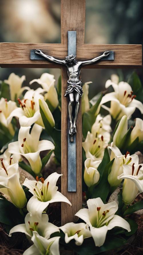 Простой деревянный крест с терновым венцом, расположенный среди цветущих пасхальных лилий.