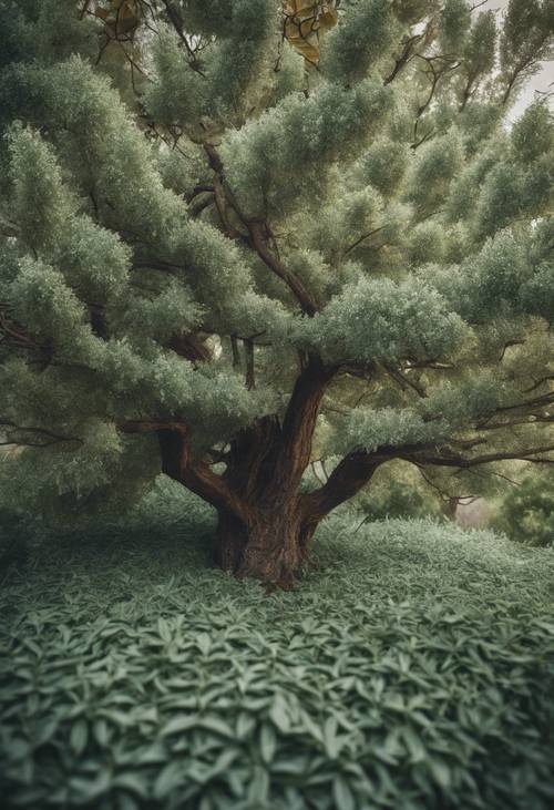 A landscape featuring a tree full of sage green leaves.