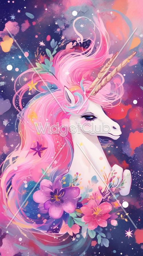 Magico unicorno rosa in una galassia stellata