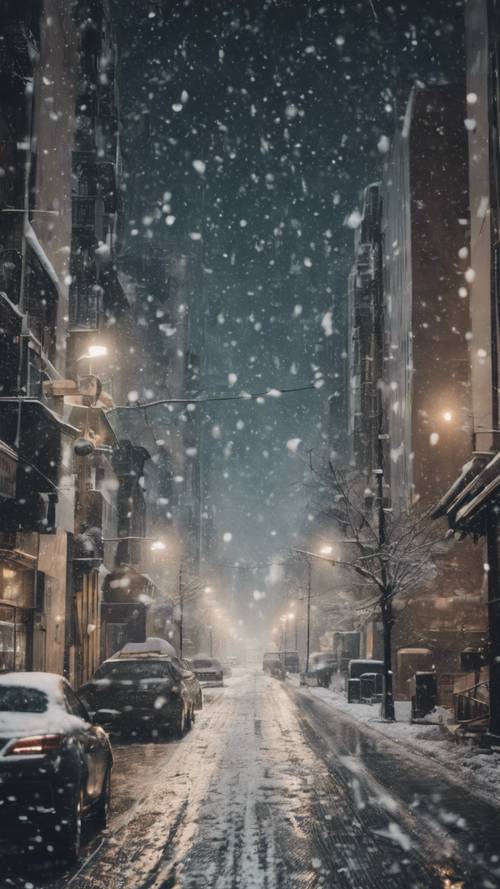 Eine Metropole mitten in einem verschneiten Tag, in dem Schneeflocken auf Gebäude und Straßen fallen.