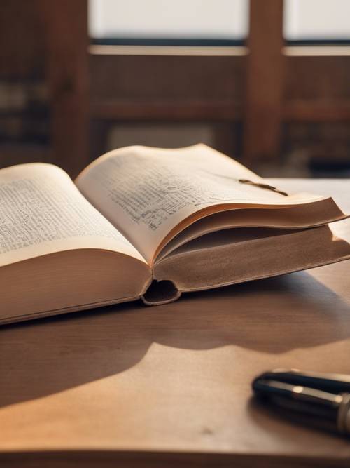 Um livro aberto com uma capa elegante em marrom claro sobre uma mesa de carvalho.