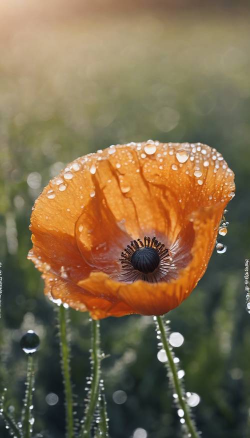一朵橙色的罂粟花，浸湿了清晨清新的露水。