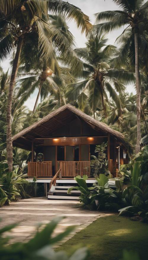Ein Porträt eines modernen tropischen Bungalows, eingebettet zwischen Kokosnussbäumen.
