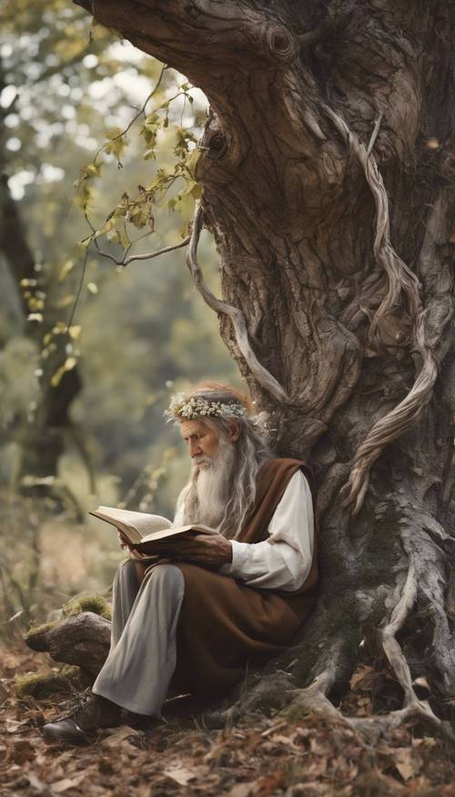 جنية قديمة حكيمة تتكئ على شجرة قديمة معقودة وتقرأ كتابًا قديمًا مغطى بالكروم.