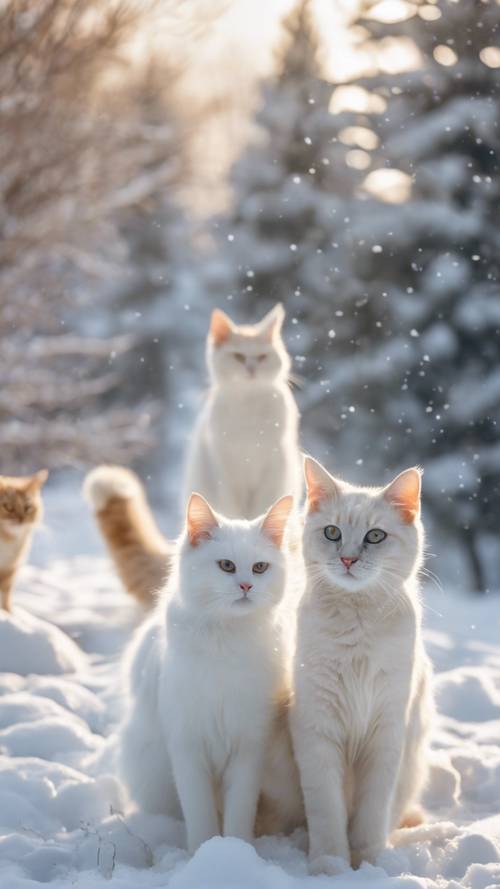 קבוצה של גזעים שונים של חתולים, כל אחד בגוונים שונים של לבן, משתובבים בשובבות בגינה מכוסה שלג.