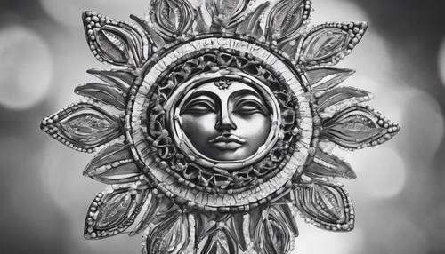 Una rappresentazione in scala di grigi di un sole boho semplicistico ma adornato, in contrasto con uno sfondo bianco.