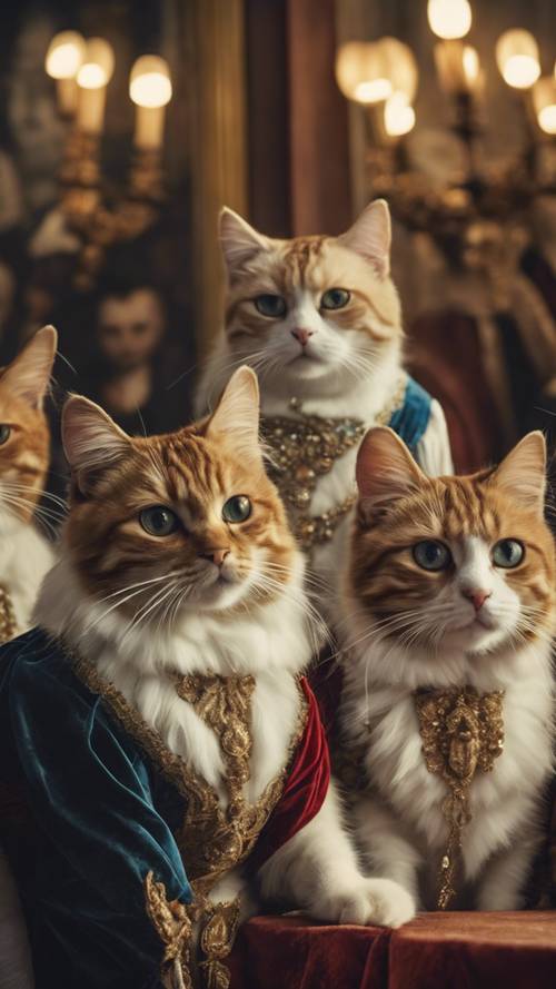 Une peinture de style Renaissance représentant un groupe de chats assistant à un bal masqué dans un palais opulent, vêtus de somptueux costumes du XVIe siècle.
