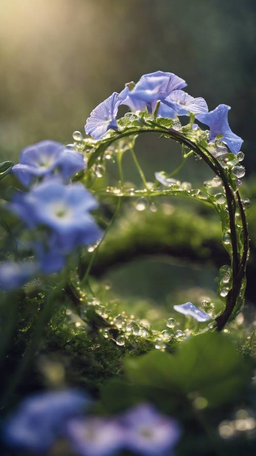 Una delicada corona de hadas hecha de flores de campanilla bañadas por el rocío en un bosque mágico.