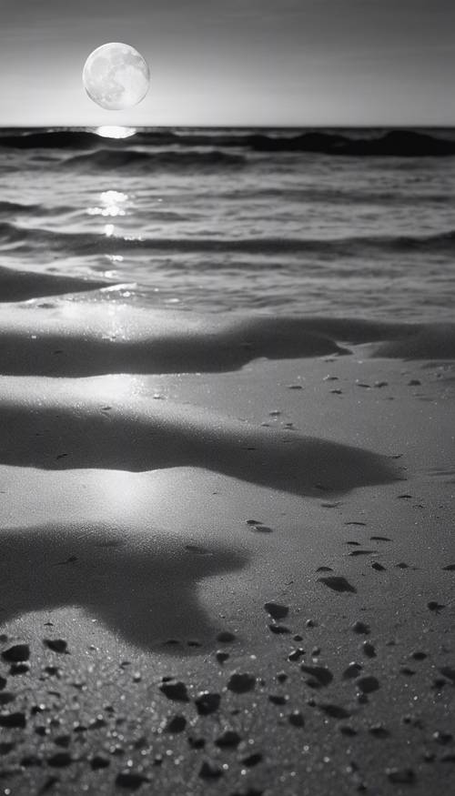 A serene black and white picture of calm waters gently kissing the sandy beach, the moon's shimmering reflection on the surface.