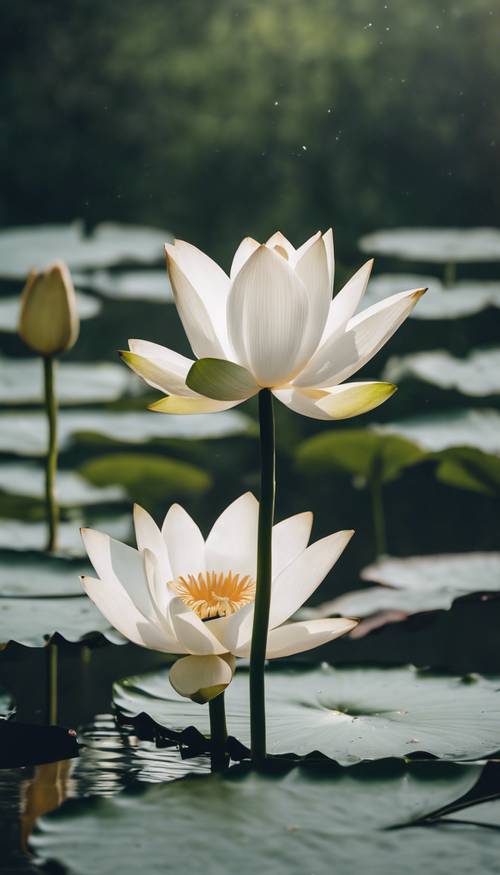 一朵純淨的白蓮花在寧靜的池塘裡的睡蓮葉中綻放。