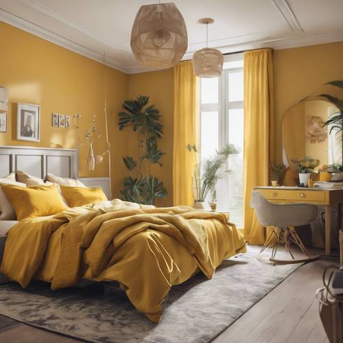 Um quarto com decoração temática amarela, arejado e claro.