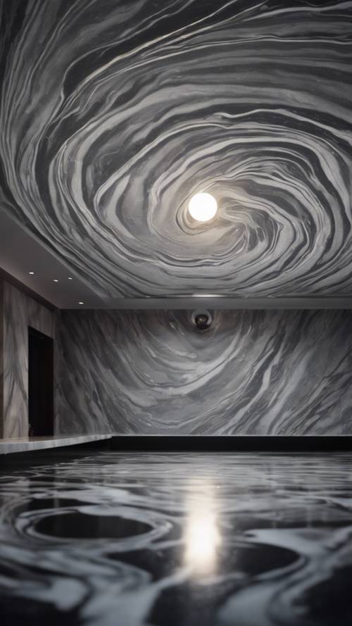 Una stanza buia con il bagliore della luna che illumina i vortici grigi sul pavimento di marmo nero.