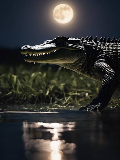 A full moon night with a crocodile's eyes glowing mysteriously in the dark.