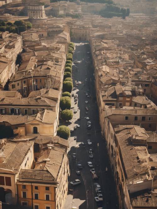An aerial view of Rome at noon, with the sun shining directly overhead and casting long shadows.