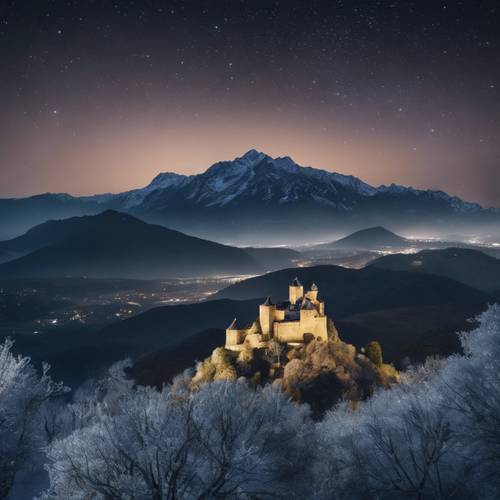 Un paisaje de montaña bajo un cielo nocturno despejado, con un antiguo castillo encaramado en la colina.