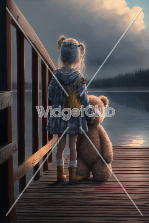 Petite fille avec ours en peluche au bord du lac