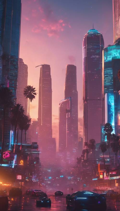 Visi cyberpunk Los Angeles pada tahun 2100, dengan gedung pencakar langit yang menjulang tinggi, mobil terbang, dan lampu neon.